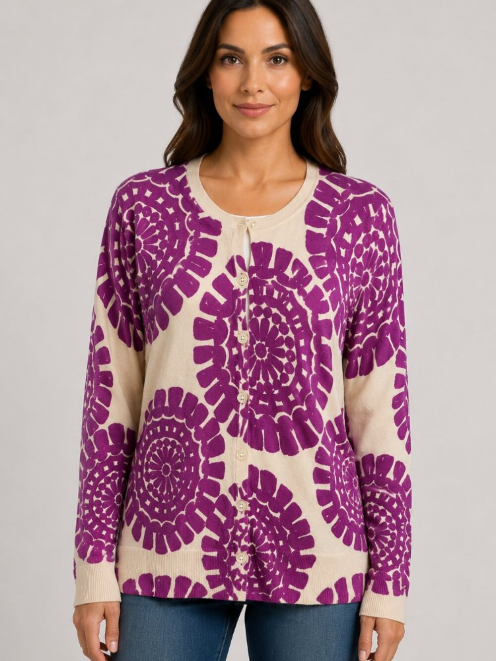 Merona Purple Cream Medallion Print Cotton Blend Cardigan Sweater M